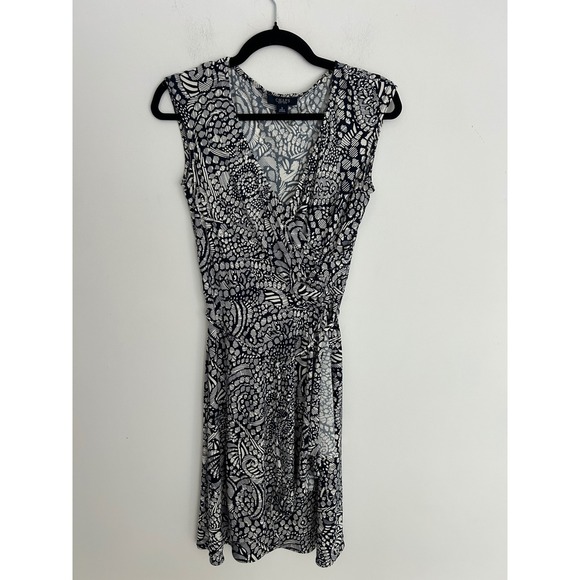 Chaps Dresses & Skirts - Chaps Womens Navy Blue White Abstract Print Sleeveless Faux Wrap Dress Small
